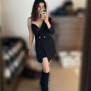 Black Sequin Asymmetric Blazer Dress